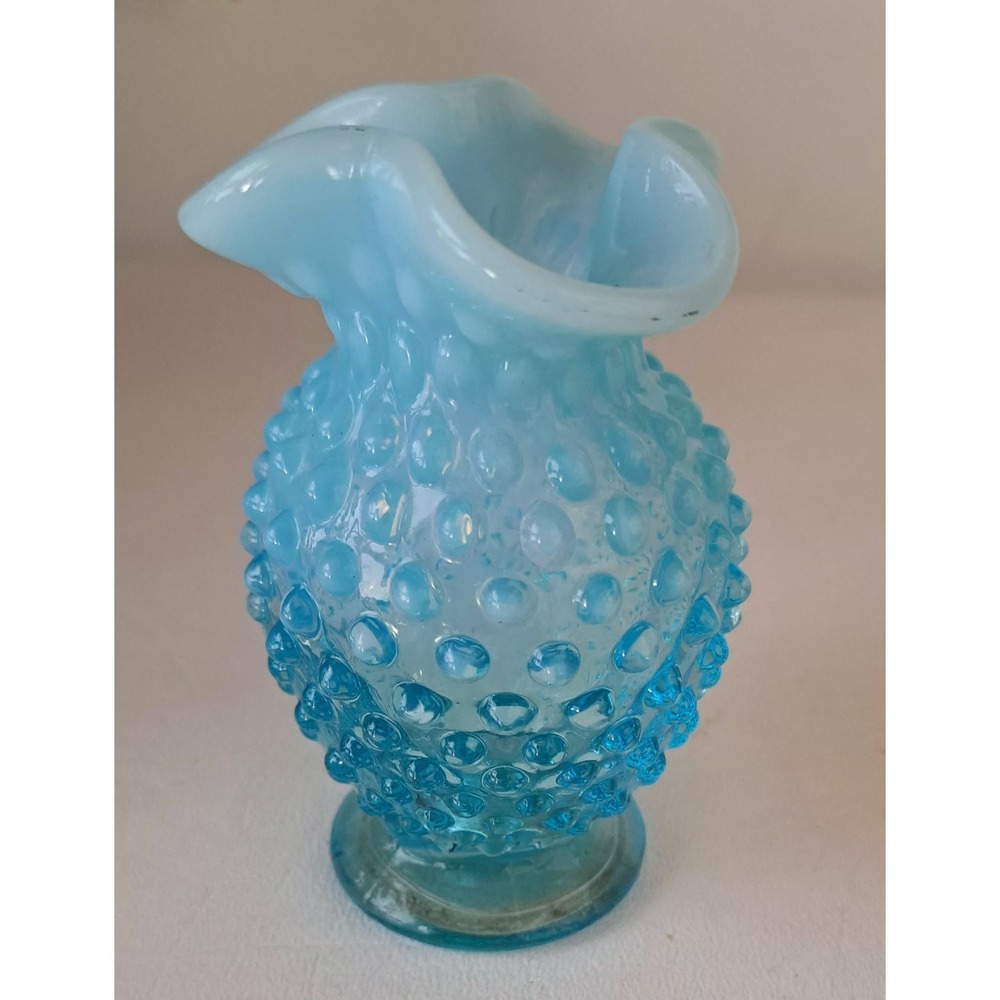 Vtg Fenton Glass Blue Opalescent Hobnail Vase Cupped Ruffled Crimped Edge 3 3/4"